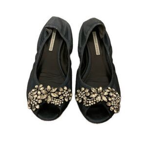 Vera Wang Navy Blue Shine Silver Rhinestone Peep Toe Ballet Flats 7.5